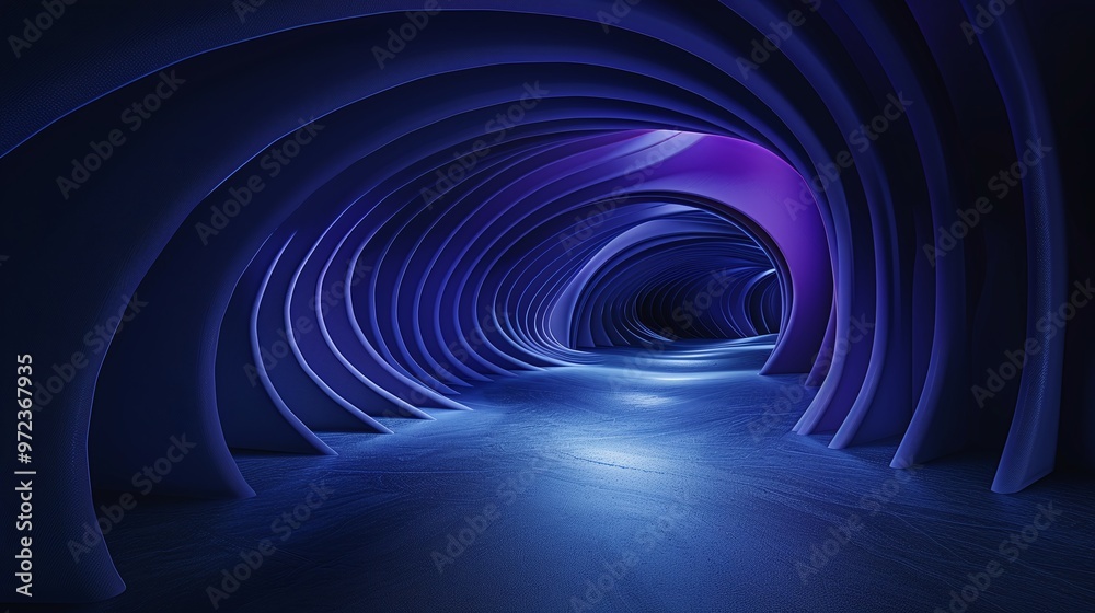 Fototapeta premium A surreal blue tunnel with flowing curves and vibrant lighting, creating a mesmerizing atmosphere for creativity. Product presentation background.