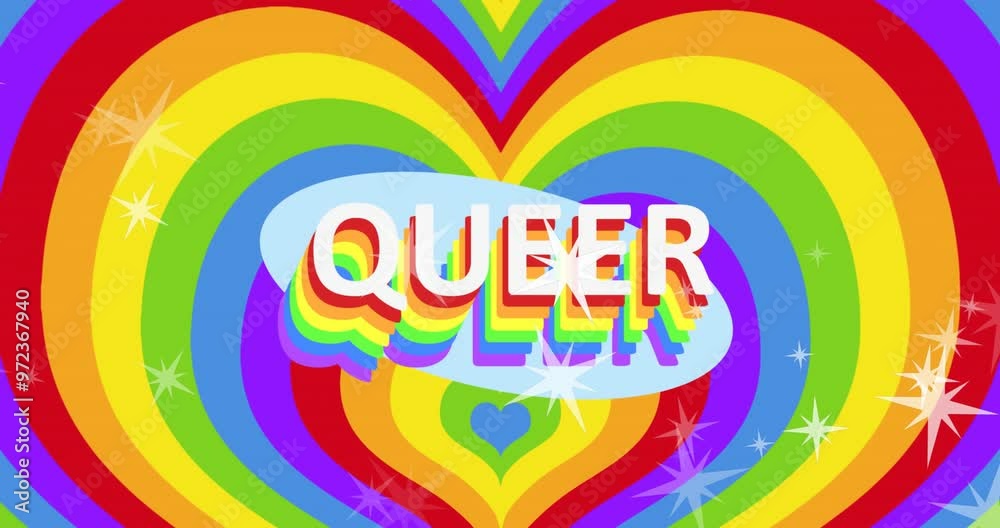 Animation of queer lgbtq text and stars falling over rainbow background Animation of queer lgbtq text and stars falling over rainbow background