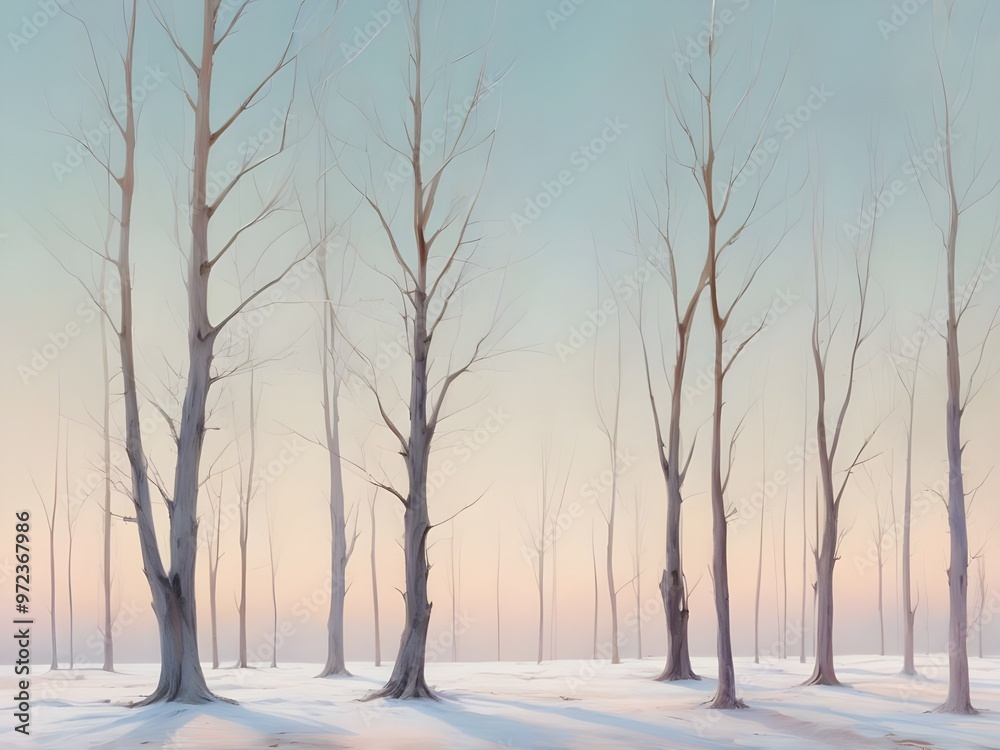 abstract Silent winter. Dried trees in the winter, applied in soft pastel color effect long, thin and simple