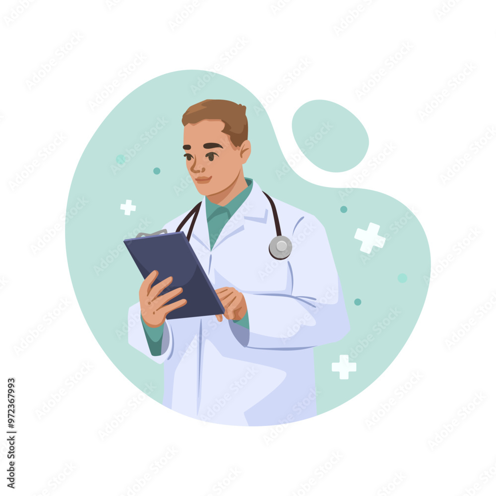A doctor holding a clipboard, wearing a white coat and stethoscope, on a green abstract background. Concept of healthcare professional. Vector illustration A doctor holding a clipboard, wearing a white coat and stethoscope, on a green abstract background. Concept of healthcare professional. Vector illustration