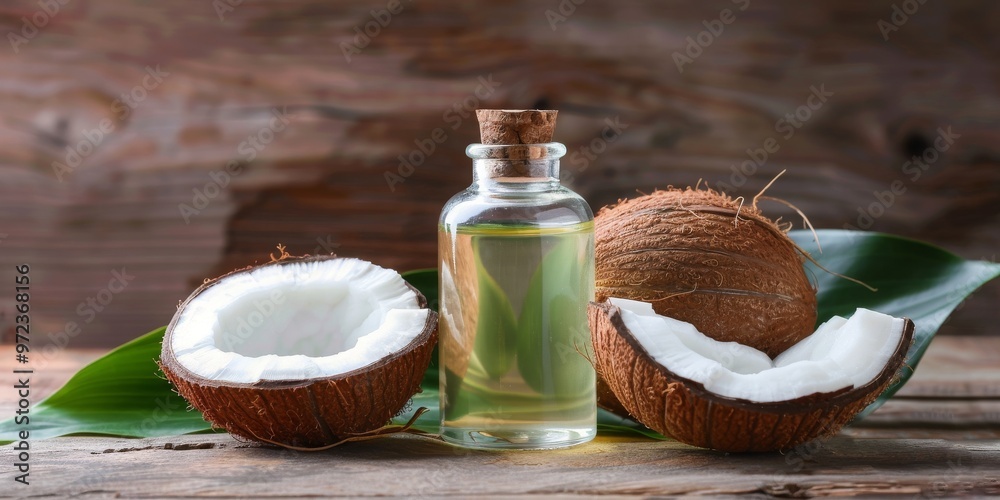 Clear Bottle of Coconut Oil Next to a Half-Eaten Coconut - Natural Products and Healthy Cooking Inspiration Clear Bottle of Coconut Oil Next to a Half-Eaten Coconut - Natural Products and Healthy Cooking Inspiration