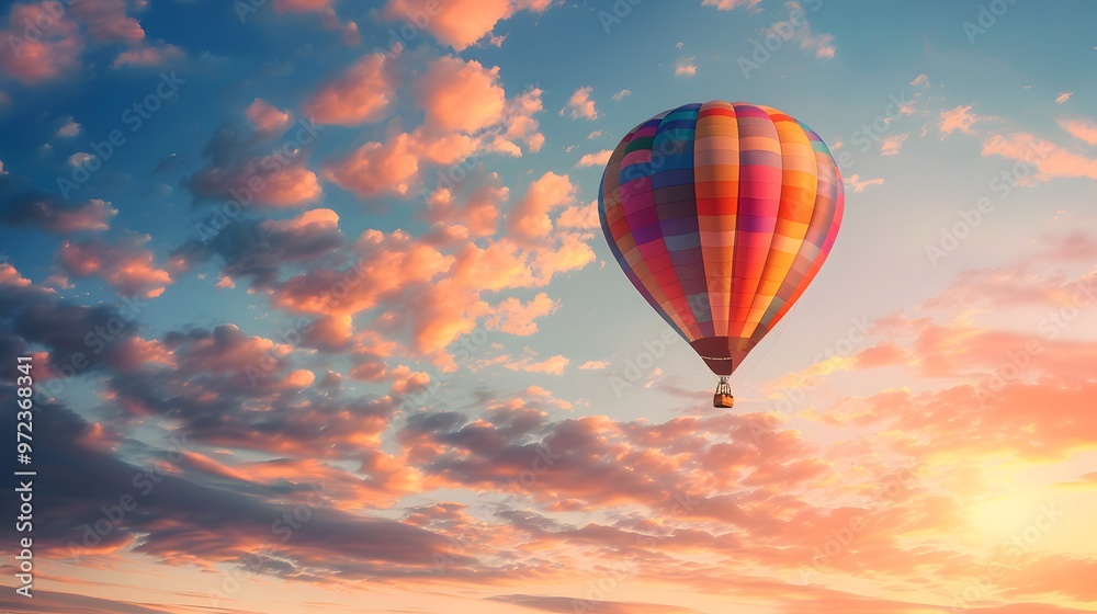 Hot Air Balloon at Sunrise: A vibrant hot air balloon floating gracefully in the sky at sunrise. 
