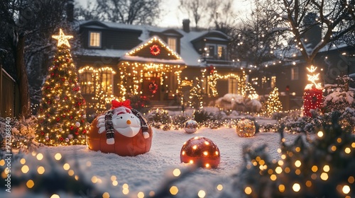 Festive outdoor Christmas decorations with string lights, inflatables, wreaths, and a snow-covered lawn. 4K hyperrealistic photo. photo