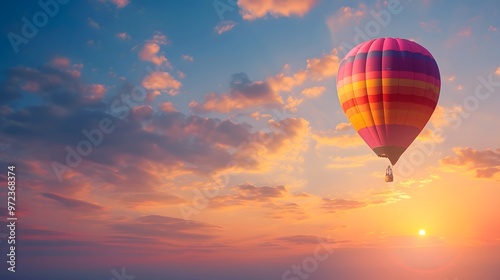 Hot Air Balloon at Sunrise: A vibrant hot air balloon floating gracefully in the sky at sunrise. 