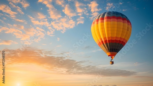 Hot Air Balloon at Sunrise: A vibrant hot air balloon floating gracefully in the sky at sunrise. 