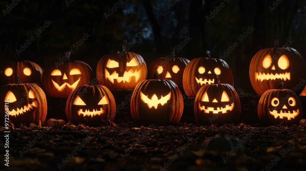 A group of lit jack-o'-lanterns with various carved faces in a dark forest setting. A group of lit jack-o'-lanterns with various carved faces in a dark forest setting.