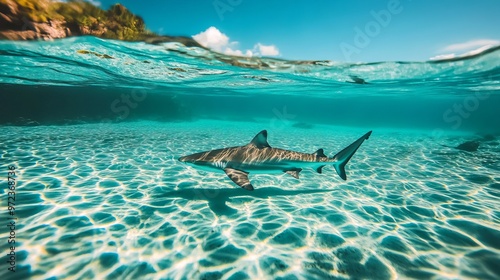 Blacktip reef shark swims near the surface of clear azure ocean water at the tropical island photo