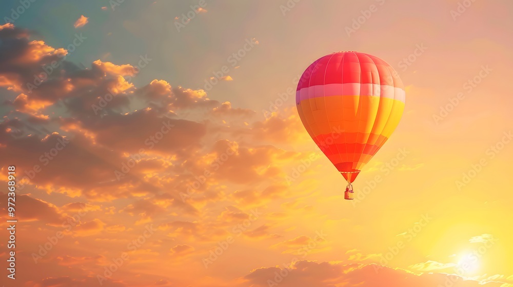 Fototapeta premium Hot Air Balloon at Sunrise: A vibrant hot air balloon floating gracefully in the sky at sunrise. 