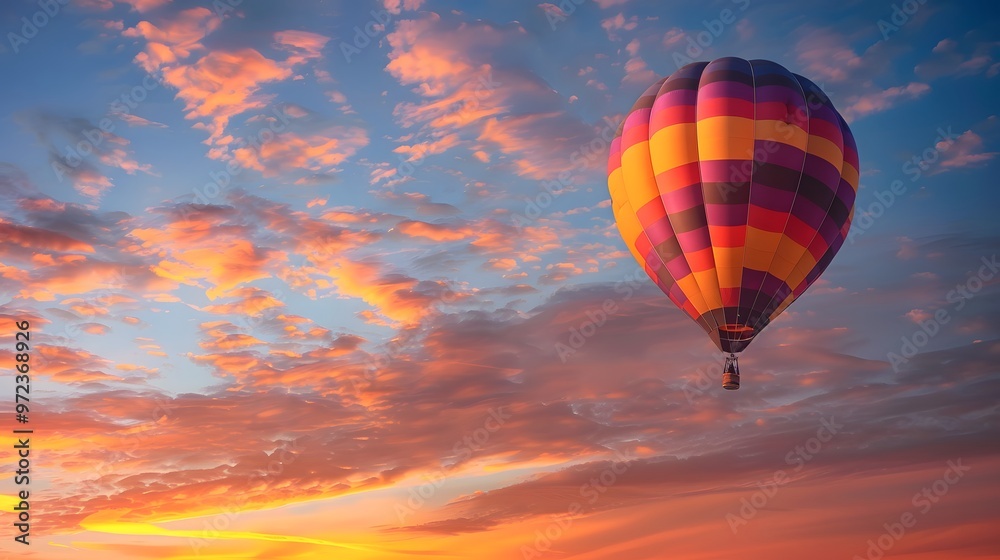 Fototapeta premium Hot Air Balloon at Sunrise: A vibrant hot air balloon floating gracefully in the sky at sunrise. 