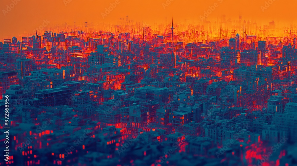 Obraz premium Heatmap of an urban landscape, with vibrant colors showing the most densely populated areas and cooler tones in the less crowded streets. 4K hyperrealistic photo.