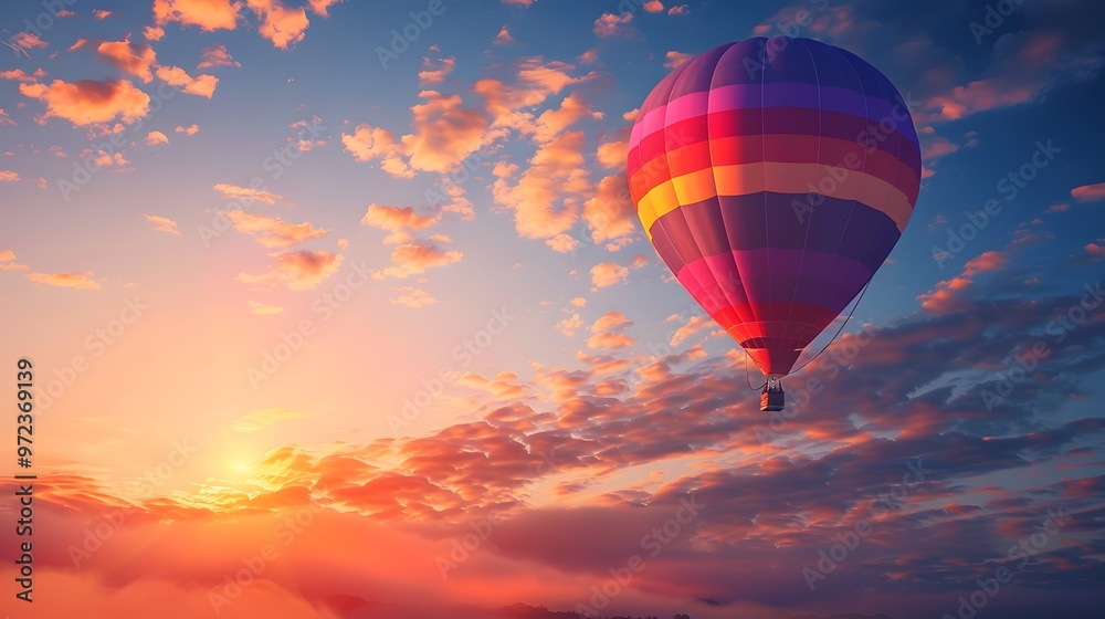 Hot Air Balloon at Sunrise: A vibrant hot air balloon floating gracefully in the sky at sunrise. 
