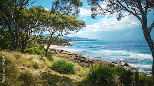 A coastal scene featuring Australian tea trees and hardy coastal plants thriving near the shoreline 