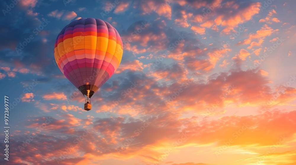 Fototapeta premium Hot Air Balloon at Sunrise: A vibrant hot air balloon floating gracefully in the sky at sunrise. 