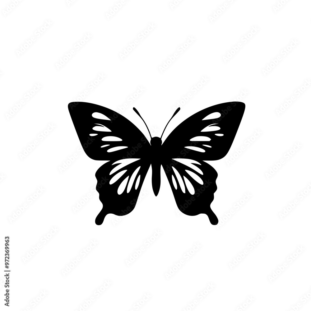 Black and white butterfly silhouette illustration, Simple black and white silhouette of a butterfly with intricate wing patterns, perfect for nature and design themes.
Black and white butterfly silhouette illustration, Simple black and white silhouette of a butterfly with intricate wing patterns, perfect for nature and design themes.