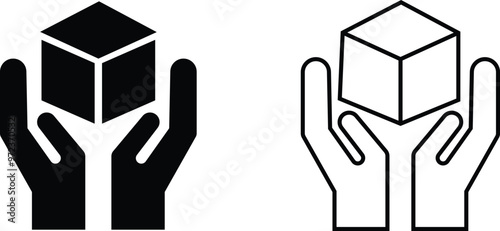 Handle with care sign icons set isolated on transparent background, black vector collection. Fragile box symbol Logistics and delivery shipping label. hand holding box important package handing sign.