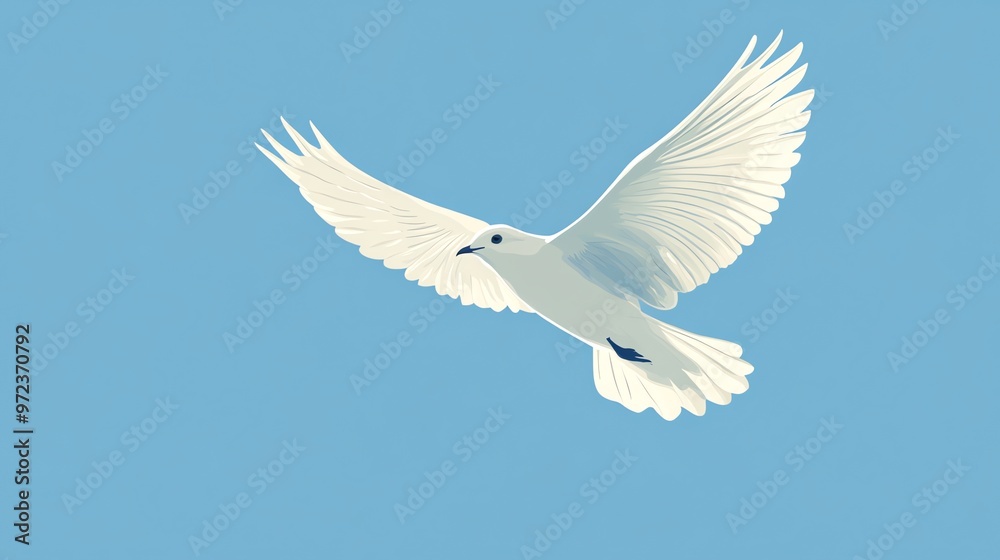 Fototapeta premium A white dove flying in a clear blue sky.