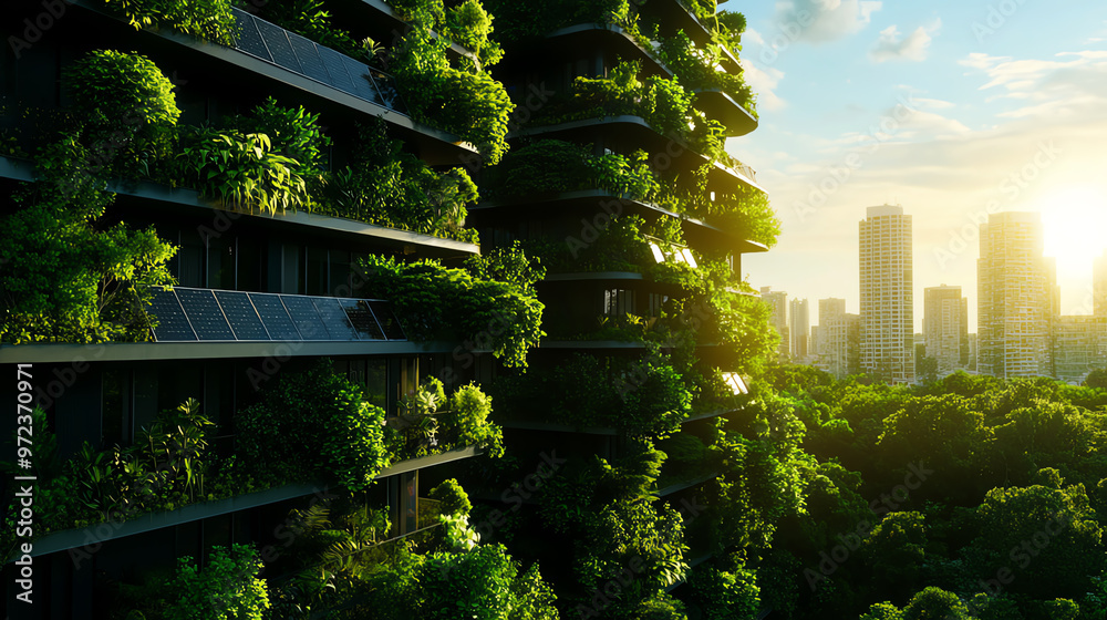 Stunning vertical gardens thrive on modern architecture, blending nature and urban living against a vibrant sunset backdrop.