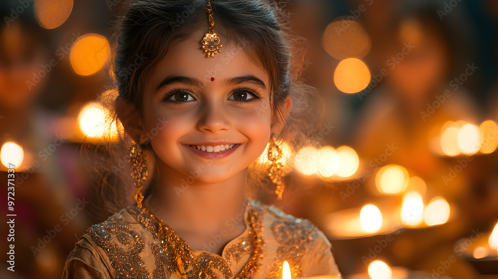 A young girl smiles brightly, adorned in traditional Indian attire, surrounded by glowing diyas during Diwali celebrations. A young girl smiles brightly, adorned in traditional Indian attire, surrounded by glowing diyas during Diwali celebrations.