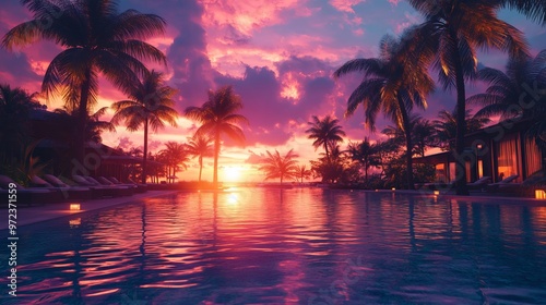 Luxurious tropical resort at sunset, with palm trees swaying in the breeze and the sky filled with vibrant colors. 4K hyperrealistic photo.