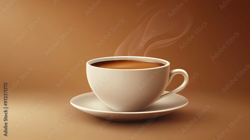Obraz premium A steaming cup of coffee on a saucer against a brown background.