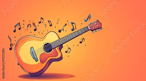 Acoustic guitar with music notes flying around it.