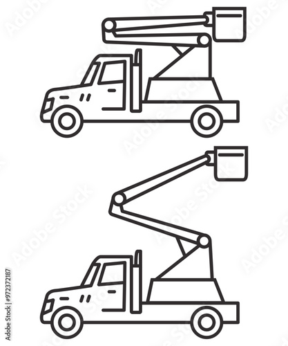 Bucket boom truck.Picker high lift platform.Vector outline illustration.Isolated on white background.Bucket truck line icon.Bucket boom truck side view.Aerial platform.Crane truck with basket.