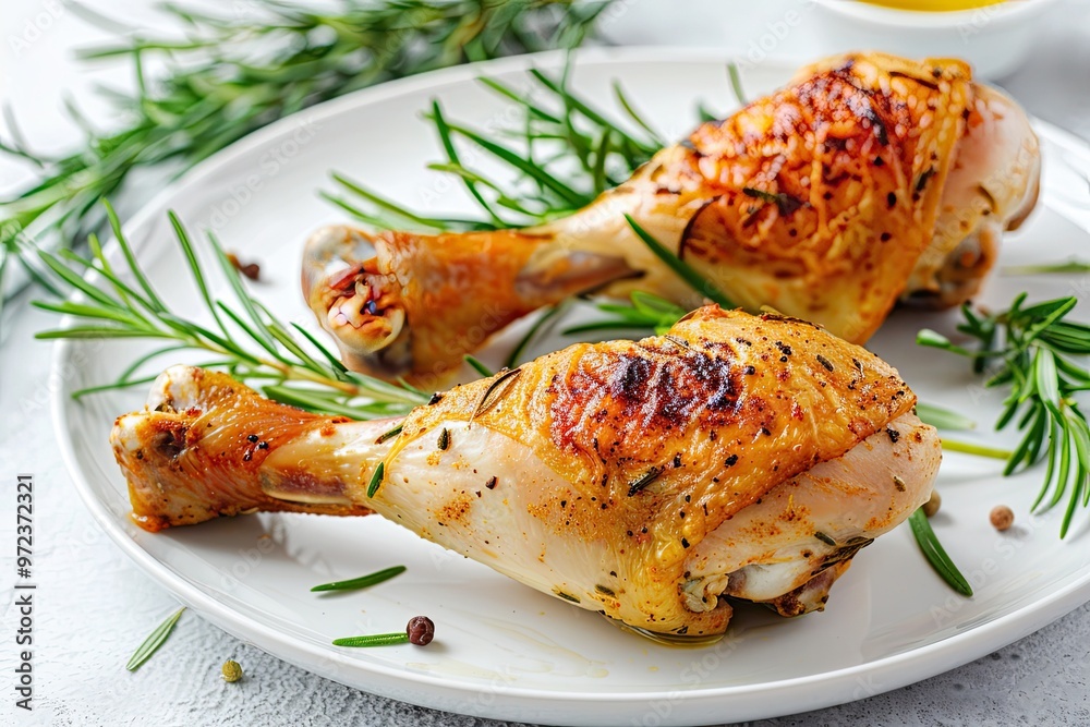 Grilled chicken legs, arranged on a white plate and garnished with rosemary and cherry tomatoes Grilled chicken legs, arranged on a white plate and garnished with rosemary and cherry tomatoes