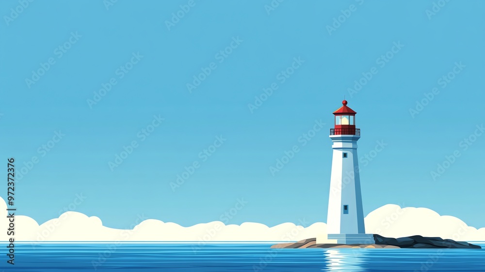 A lighthouse sits on a rocky shore on a sunny day. A lighthouse sits on a rocky shore on a sunny day.