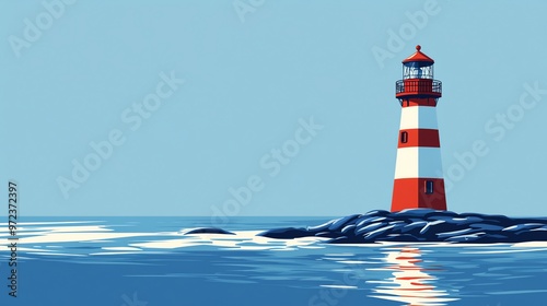 A red and white lighthouse stands tall on a rocky island, with calm blue ocean water.
