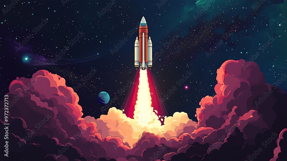 Obraz premium A rocket ship blasts off into space from behind clouds.