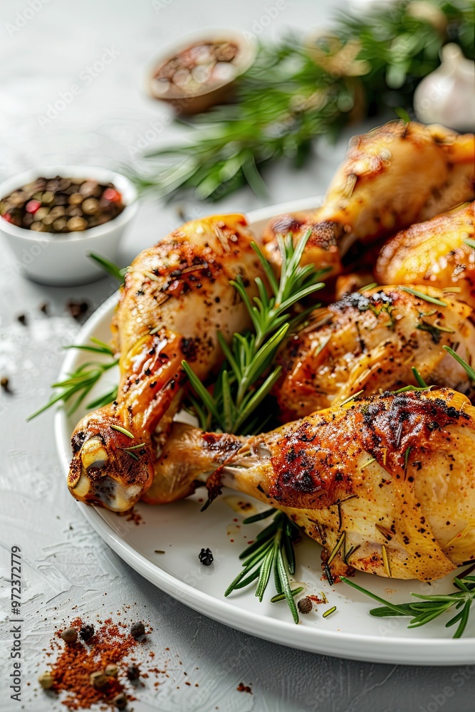 Grilled chicken legs, arranged on a white plate and garnished with rosemary and cherry tomatoes Grilled chicken legs, arranged on a white plate and garnished with rosemary and cherry tomatoes