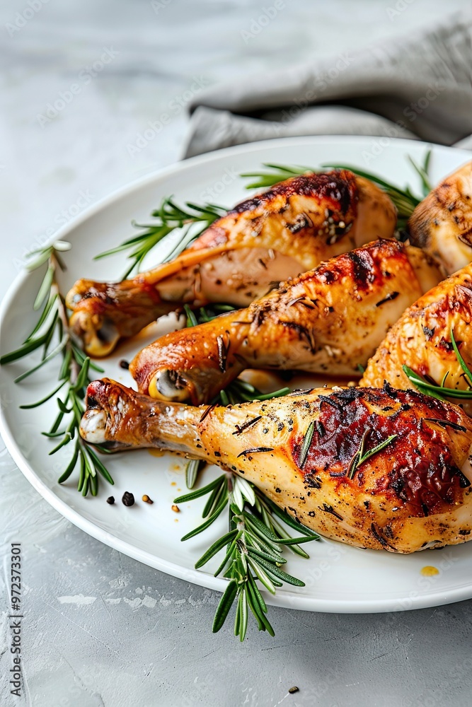 Grilled chicken legs, arranged on a white plate and garnished with rosemary and cherry tomatoes Grilled chicken legs, arranged on a white plate and garnished with rosemary and cherry tomatoes