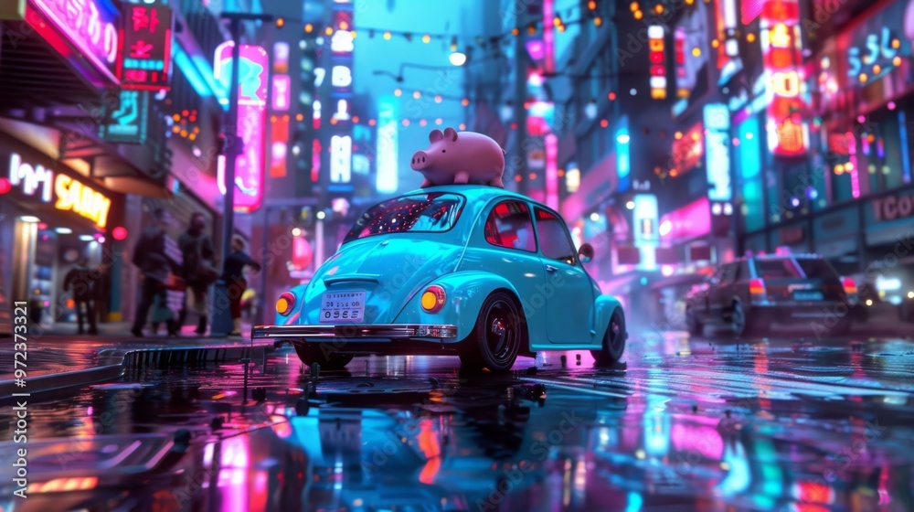 A cute blue car with a pig on top in a vibrant neon city at night under the rain A cute blue car with a pig on top in a vibrant neon city at night under the rain