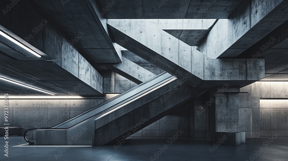 Fototapeta premium Brutalist metro station with sharp, angular concrete forms, exposed beams, and harsh, industrial lighting, creating a severe, utilitarian atmosphere. 4K hyperrealistic photo.