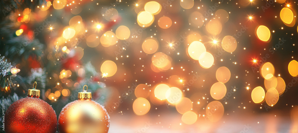 Christmas tree decorations with sparkling golden background lights Christmas tree decorations with sparkling golden background lights