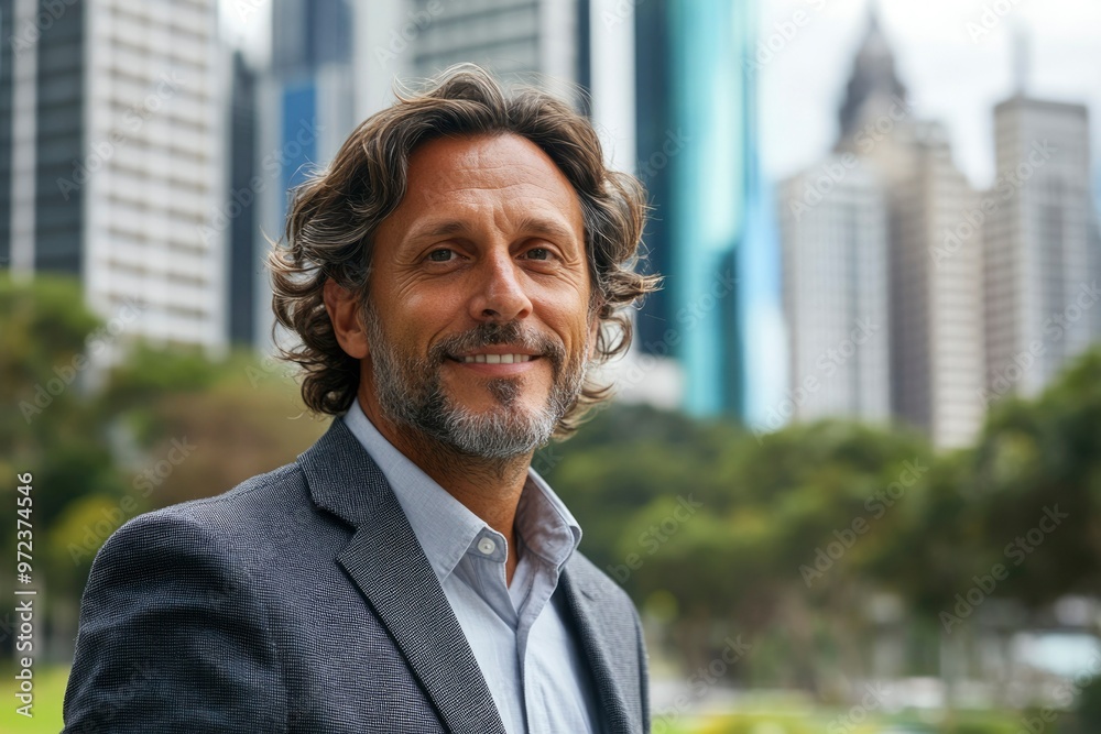Portrait of a Smiling Man in a Suit in Front of a Cityscape Portrait of a Smiling Man in a Suit in Front of a Cityscape