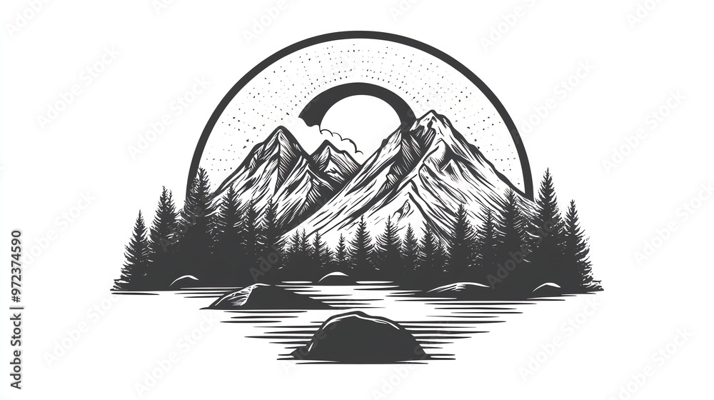 Hand drawn illustration of mountain peaks in front of a lake.