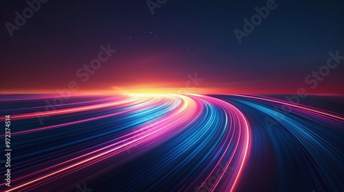 A vibrant, dynamic scene showcasing colorful light trails against a dark background, evoking motion and energy at dusk. Product presentation background.