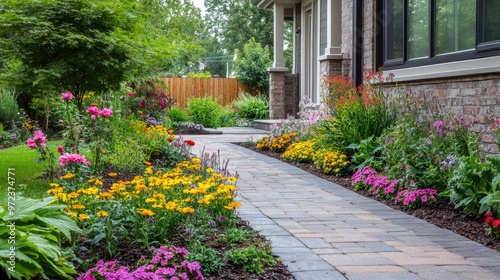 Front yard garden design with decorative paving stones, colorful annuals, and small ornamental trees, no logos