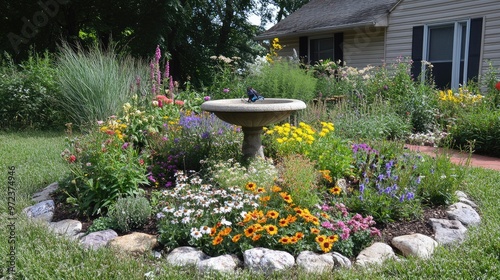 Front yard garden featuring a butterfly garden with nectar-rich flowers, a small birdbath, and natural stones, no logos photo