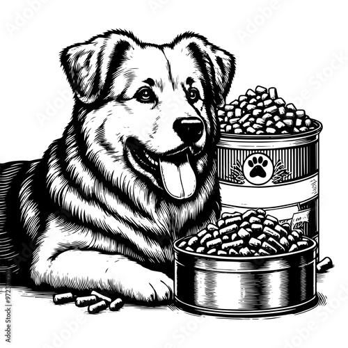 Dog with food bowls depicted in a monochrome illustration. Vector, generative ai.