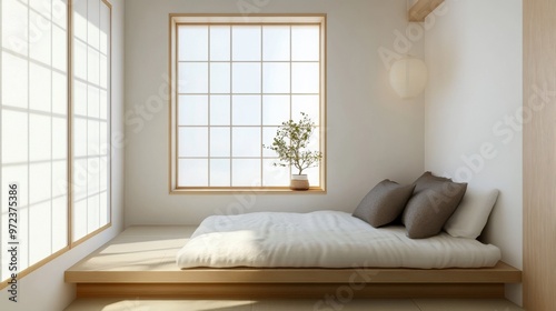 Contemporary small Japanese bedroom with a window seat, minimal furnishings, and white