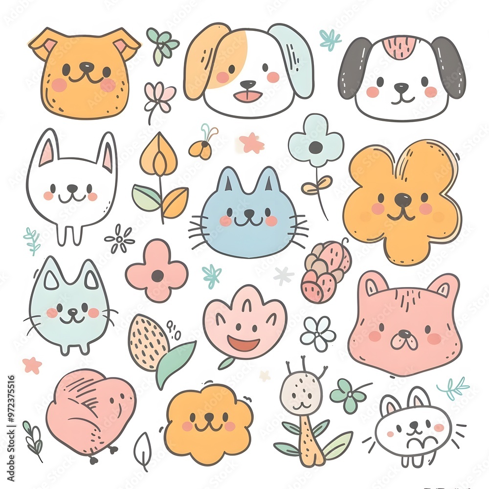 Obraz premium Kawaii icons of dogs, flowers, and seeds, doodle style in pastel colors, simple lines, cute faces on a white background