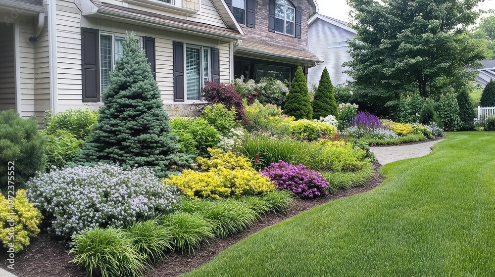 Obraz premium Front yard garden with a mix of conifers, flowering shrubs, and a well-manicured lawn, neat and orderly, no logos
