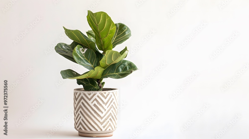 Fototapeta premium Leafy Fiddle Fig in a geometric patterned pot, positioned on a white background