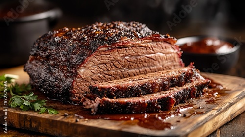 A perfectly smoked beef brisket sliced and presented on a wooden board, displaying the charred crust and juicy inside photo