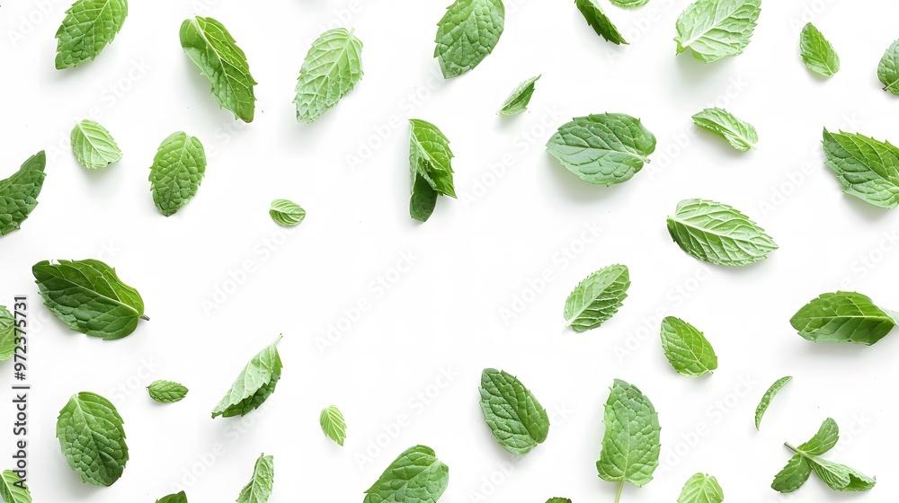 Mint leaves scattered, white background