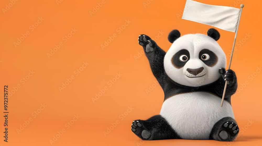 Fototapeta premium Panda with White Flag: A cuddly panda sitting and holding a white flag with one paw. 