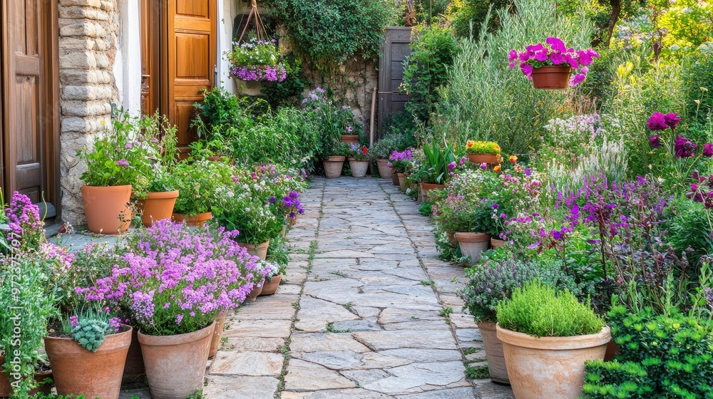 Front yard garden with a variety of potted plants, hanging baskets, and a decorative stone pathway, no logos Front yard garden with a variety of potted plants, hanging baskets, and a decorative stone pathway, no logos