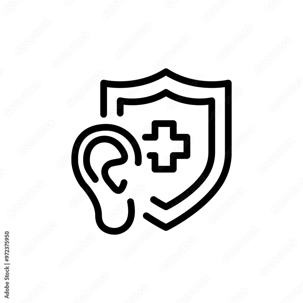 Protection human ear icon, medical shield with ear, protect your hearing, thin line symbol on white background Protection human ear icon, medical shield with ear, protect your hearing, thin line symbol on white background